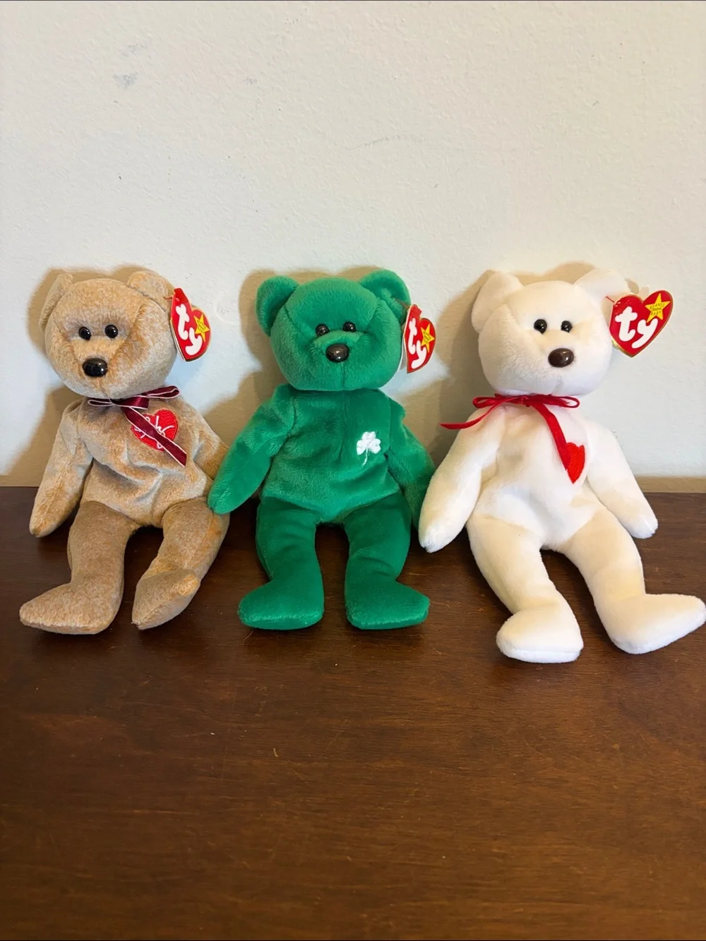 Ty Plush Teddy Bear Trio - Green, White, Brown